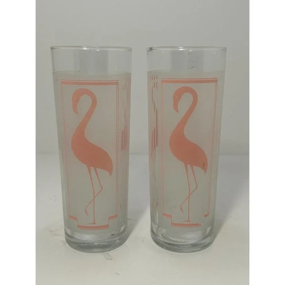 Set of 2 Vtg Glasses Pink flamingo frostedmdrinking glass bird glass Highball‎ - Picture 3 of 9